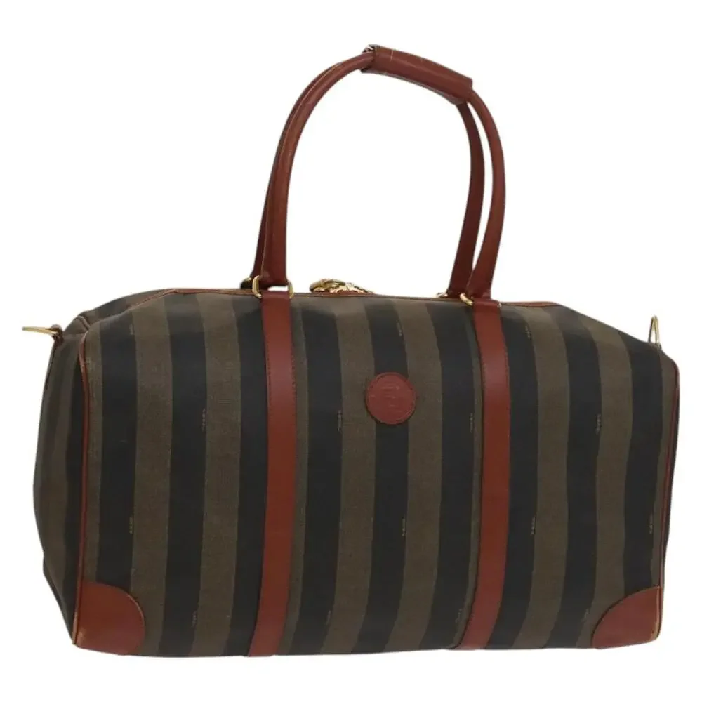 FENDI Pecan Canvas Boston Bag Black Brown Gold